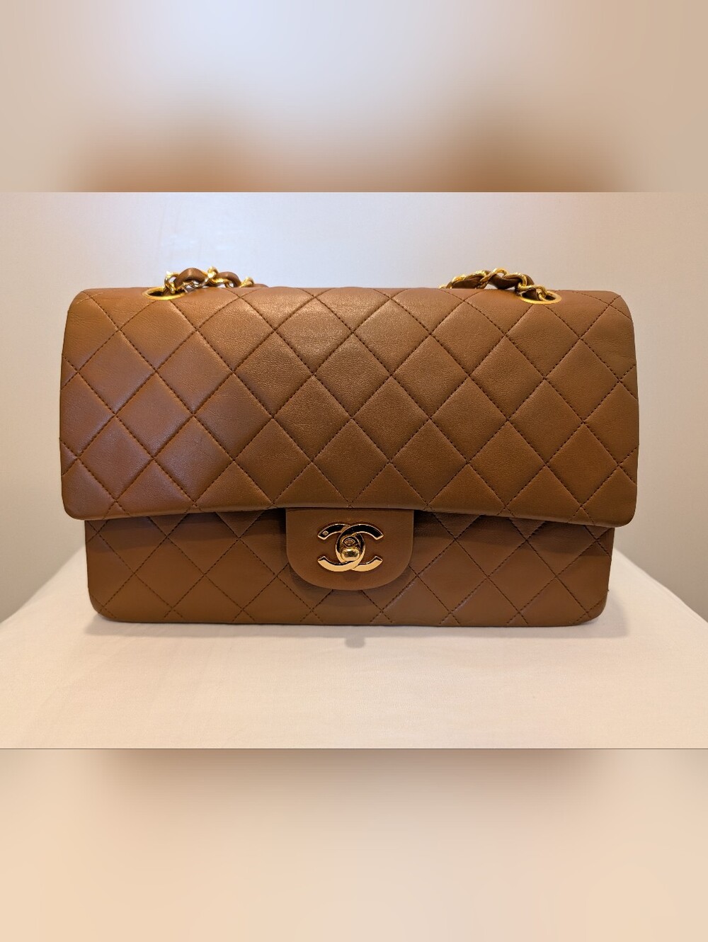 Vintage Chanel Classic Flap Bag Purse Caramel Brown Quilted Leather, Gold-Tone